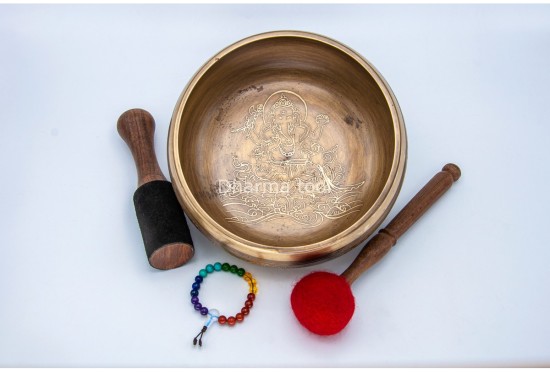 8 Inches Diameter Ganesha Etched Hand-Casted Singing Bowl