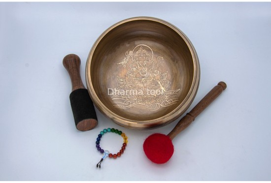 8 Inches Diameter Ganesha Etched Hand-Casted Singing Bowl