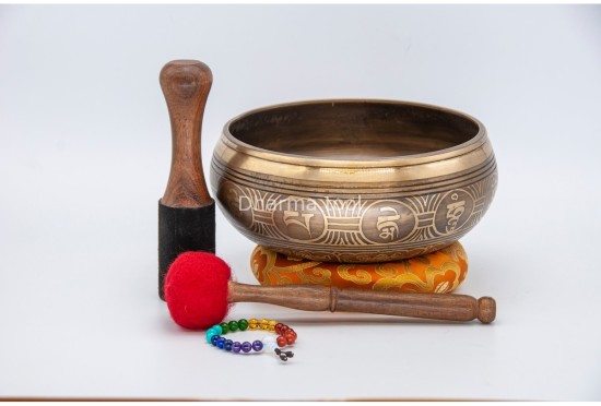 8 Inches Diameter Green Tara Etched Hand-Casted Singing Bowl