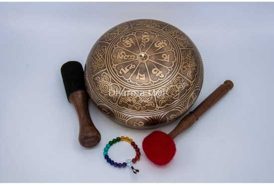 8 Inches Diameter Green Tara Etched Hand-Casted Singing Bowl