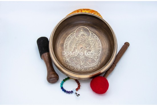 8 Inches Diameter Green Tara Etched Hand-Casted Singing Bowl