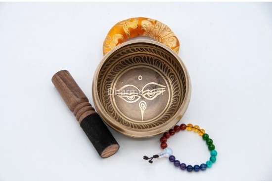 4-Inch Diameter Bronze Tibetan Singing Bowl – With Mantra, Buddha Eyes & Dorje (2 Finish Options)
