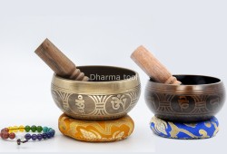 4-Inch Diameter Bronze Tibetan Singing Bowl – With Mantra, Buddha Eyes & Dorje (2 Finish Options)