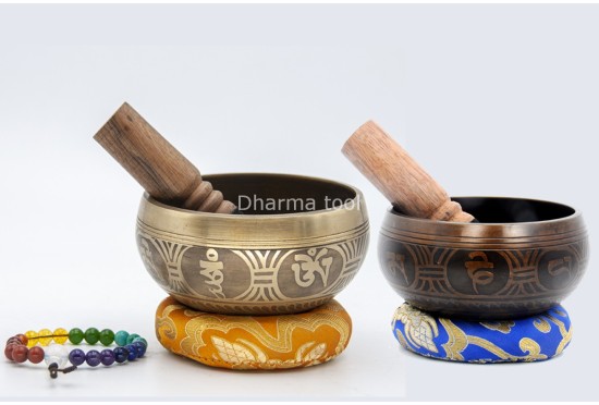 4-Inch Diameter Bronze Tibetan Singing Bowl – With Mantra, Buddha Eyes & Dorje (2 Finish Options)
