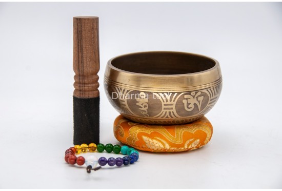 4-Inch Diameter Bronze Tibetan Singing Bowl – With Mantra, Buddha Eyes & Dorje (2 Finish Options)