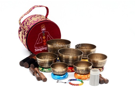 Tibetan Mantra Etched 7 Chakra Singing Bowl Set