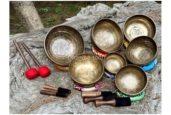Professionally Tuned Tibetan Singing Bowl Set – 7 Chakra (Mantra Etched Edition)