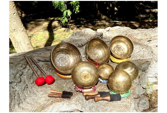 Professionally Tuned Tibetan Singing Bowl Set – 7 Chakra (Mantra Etched Edition)