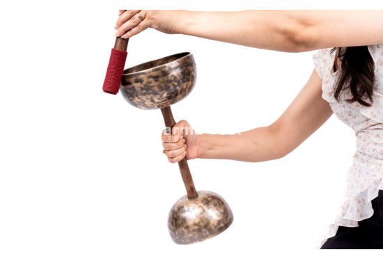 Double Chalice Handle Singing Bowl Set - Two-Tone Chakra Tuned Tibetan Sound Healing Bowls