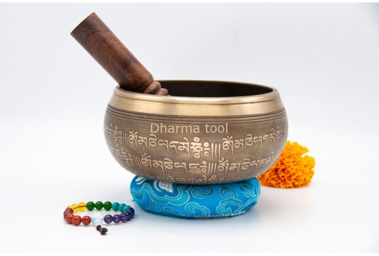 6 Inches Diameter Pure Bronze Five Buddha Embossed Singing Bowl – Mantra Etched