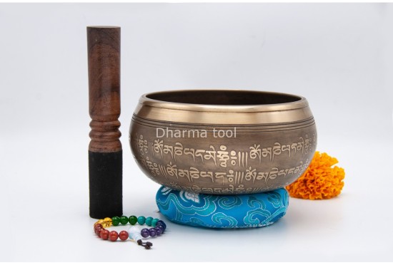 6 Inches Diameter Pure Bronze Five Buddha Embossed Singing Bowl – Mantra Etched
