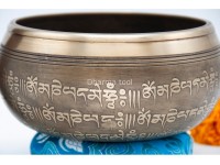 6 Inches Diameter Pure Bronze Five Buddha Embossed Singing Bowl – Mantra Etched