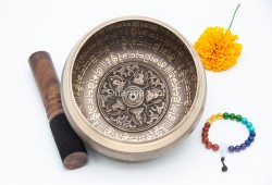 6 Inches Diameter Pure Bronze Five Buddha Embossed Singing Bowl – Mantra Etched