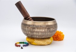 6 Inches Diameter Pure Bronze Ashtamangala Embossed Singing Bowl – Mantra Etched