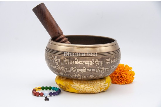 6 Inches Diameter Pure Bronze Ashtamangala Embossed Singing Bowl – Mantra Etched