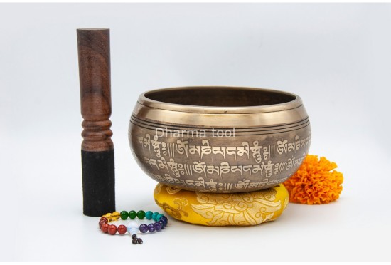6 Inches Diameter Pure Bronze Ashtamangala Embossed Singing Bowl – Mantra Etched