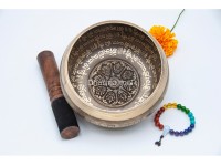 6 Inches Diameter Pure Bronze Ashtamangala Embossed Singing Bowl – Mantra Etched