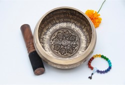 6 Inches Diameter Pure Bronze Ashtamangala Embossed Singing Bowl – Mantra Etched