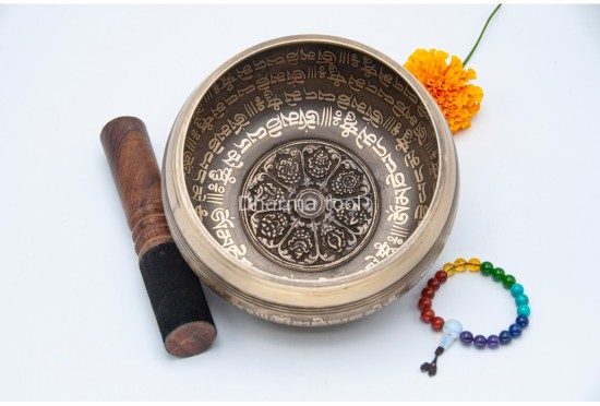 6 Inches Diameter Pure Bronze Ashtamangala Embossed Singing Bowl – Mantra Etched