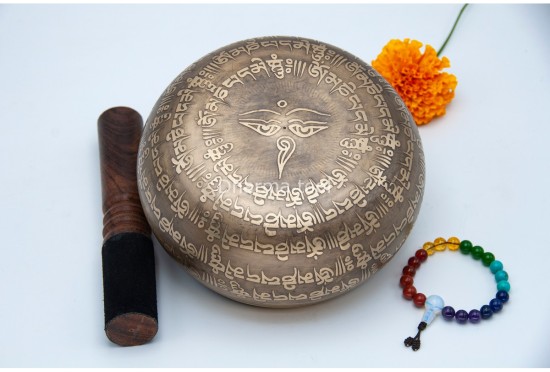 6 Inches Diameter Pure Bronze Ashtamangala Embossed Singing Bowl – Mantra Etched