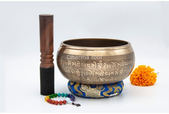 6 Inches Diameter Pure Bronze Green Tara Embossed Singing Bowl – Mantra Etched