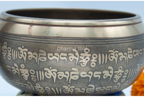 6 Inches Diameter Pure Bronze Green Tara Embossed Singing Bowl – Mantra Etched