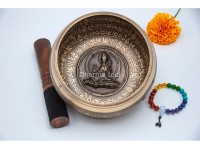 6 Inches Diameter Pure Bronze Green Tara Embossed Singing Bowl – Mantra Etched