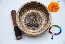 6 Inches Diameter Pure Bronze Green Tara Embossed Singing Bowl – Mantra Etched