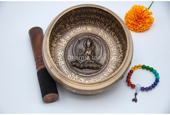 6 Inches Diameter Pure Bronze Green Tara Embossed Singing Bowl – Mantra Etched