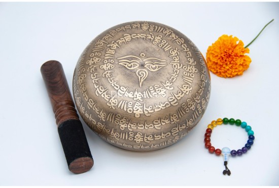 6 Inches Diameter Pure Bronze Green Tara Embossed Singing Bowl – Mantra Etched