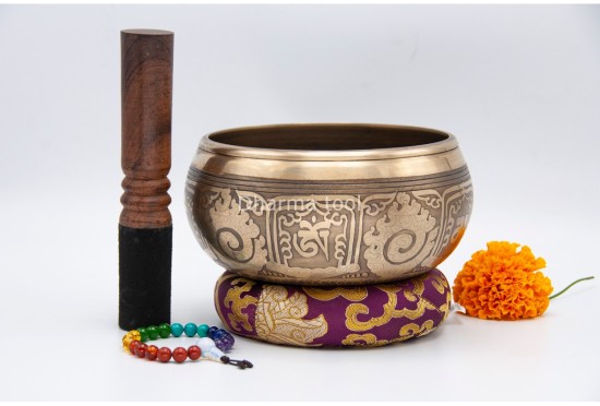 6 Inches Diameter Pure Bronze Hindu Om Embossed Singing Bowl – Mantra Etched