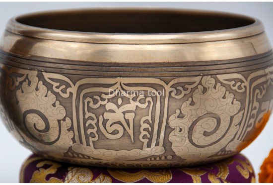 6 Inches Diameter Pure Bronze Hindu Om Embossed Singing Bowl – Mantra Etched