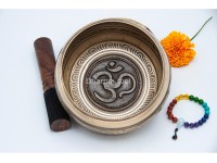 6 Inches Diameter Pure Bronze Hindu Om Embossed Singing Bowl – Mantra Etched