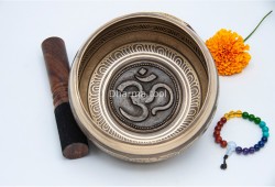 6 Inches Diameter Pure Bronze Hindu Om Embossed Singing Bowl – Mantra Etched