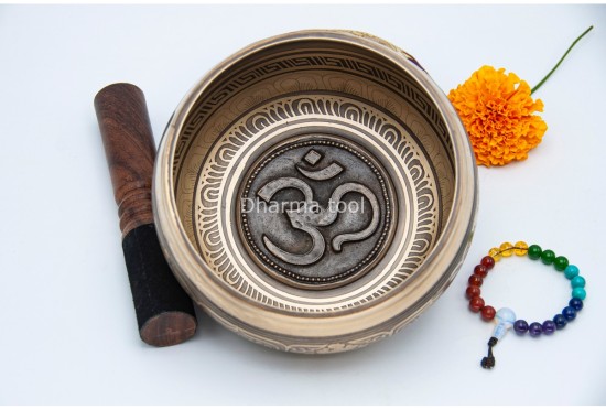 6 Inches Diameter Pure Bronze Hindu Om Embossed Singing Bowl – Mantra Etched