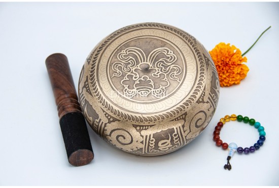 6 Inches Diameter Pure Bronze Hindu Om Embossed Singing Bowl – Mantra Etched