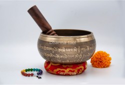 6 Inches Diameter Pure Bronze Buddha Mandala Embossed Singing Bowl – Mantra Etched