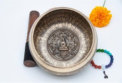 6 Inches Diameter Pure Bronze Buddha Mandala Embossed Singing Bowl – Mantra Etched