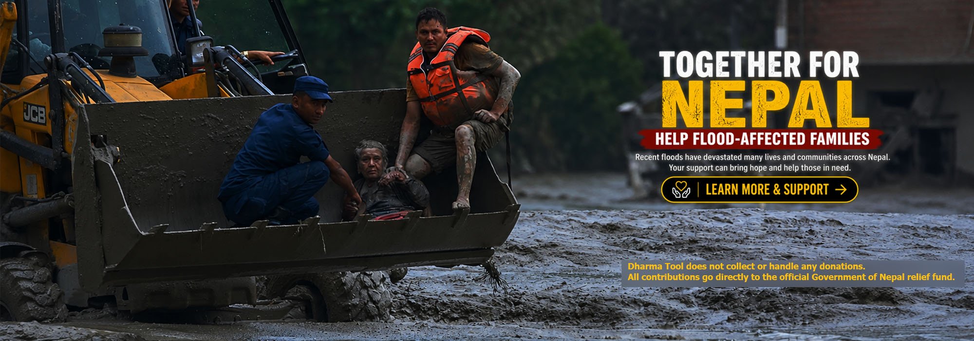 Together for Nepal - help flood-affected families. Rescue workers carry an elderly woman from flood mud. Donations go directly to the Government of Nepal relief fund.