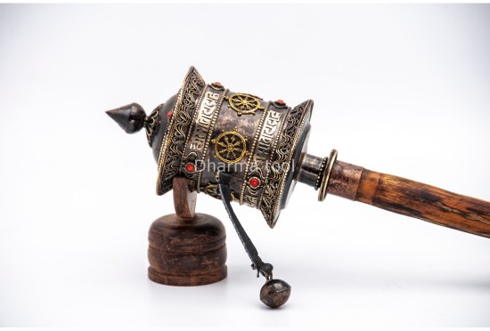 15-Inch Handheld Tibetan Prayer Wheel – Brass Engraved Mantra Wheel