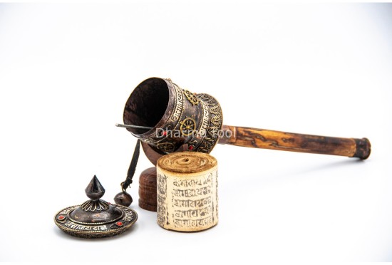 15-Inch Handheld Tibetan Prayer Wheel – Brass Engraved Mantra Wheel