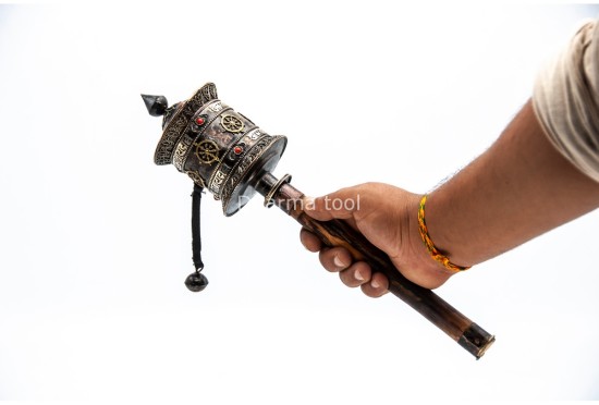 15-Inch Handheld Tibetan Prayer Wheel – Brass Engraved Mantra Wheel