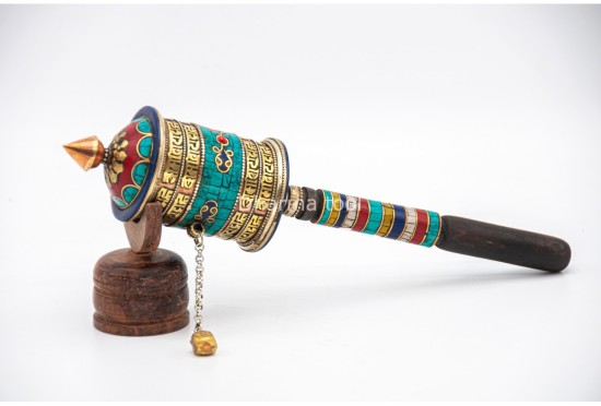 12 Inch Mantra Prayer Wheel with Stone Inlay