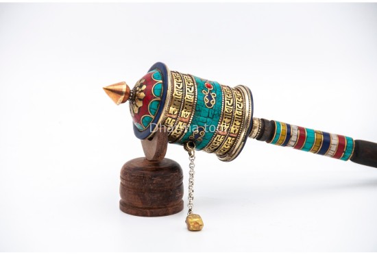 12 Inch Mantra Prayer Wheel with Stone Inlay
