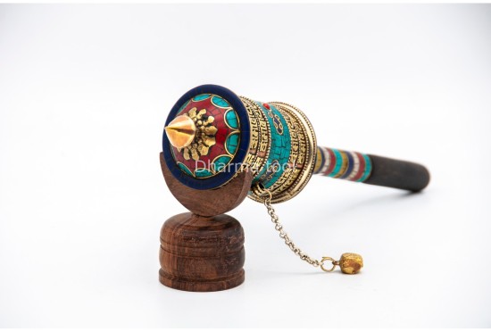 12 Inch Mantra Prayer Wheel with Stone Inlay