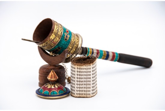 12 Inch Mantra Prayer Wheel with Stone Inlay