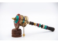 10-Inch Handheld Tibetan Prayer Wheel – Mantra Engraved & Stone Decorated