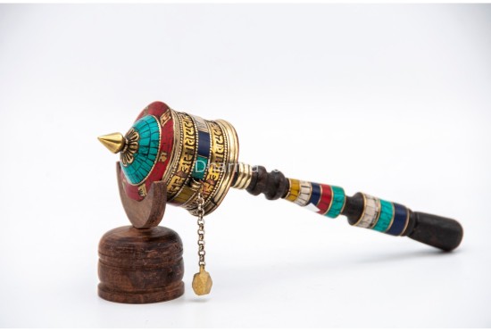10-Inch Handheld Tibetan Prayer Wheel – Mantra Engraved & Stone Decorated