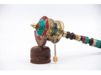 10-Inch Handheld Tibetan Prayer Wheel – Mantra Engraved & Stone Decorated
