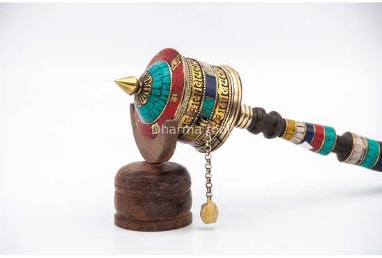 10-Inch Handheld Tibetan Prayer Wheel – Mantra Engraved & Stone Decorated
